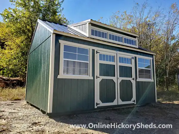 Hunter Green Utility Shed with Double Barn Doors and a Utility Dormer