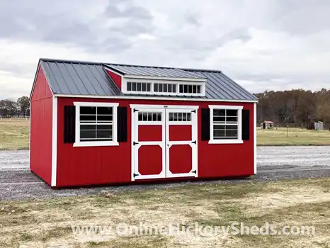 Red Utility Shed with White Trim and a Utility Dormer